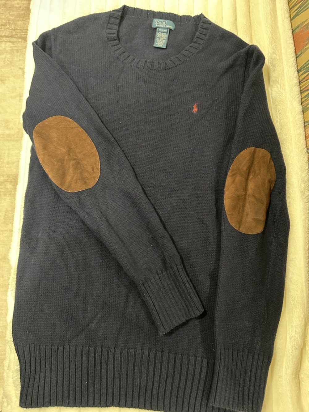 Polo by Ralph Lauren Navy Crewneck Sweater with Brown Elbow Patches
